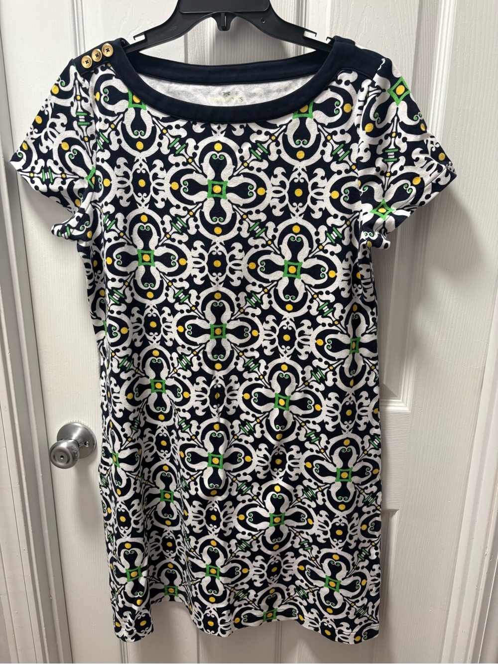 Talbots Black,White and Green Short Sleeve Printed Dress